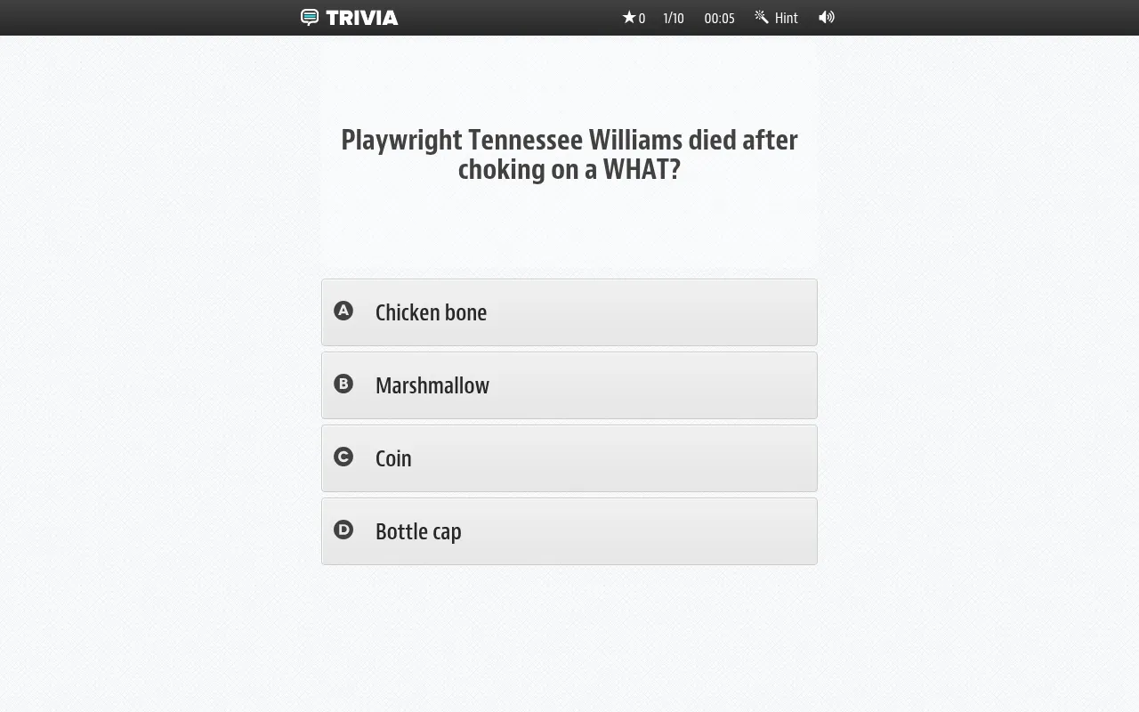 The New Daily Trivia: a General Knowledge question about Tennessee Williams with four answers, a clock and a hint button