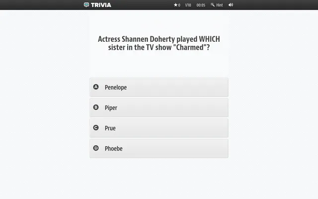 The New Daily Trivia on 26 October 2026: question 1 of 10 in General Knowledge, on Shannen Doherty's sister in Charmed, with four answers, a clock and a hint button