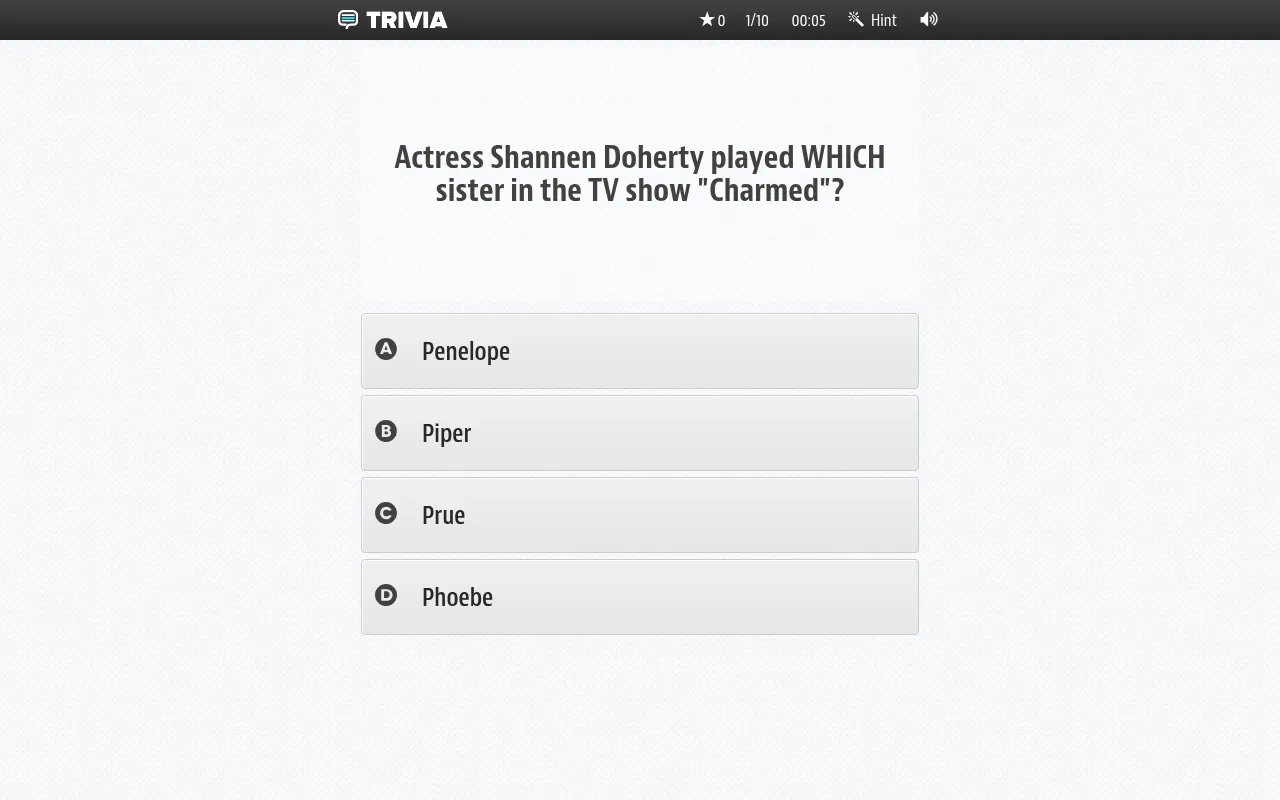 The New Daily Trivia on 26 October 2026: question 1 of 10 in General Knowledge, on Shannen Doherty's sister in Charmed, with four answers, a clock and a hint button