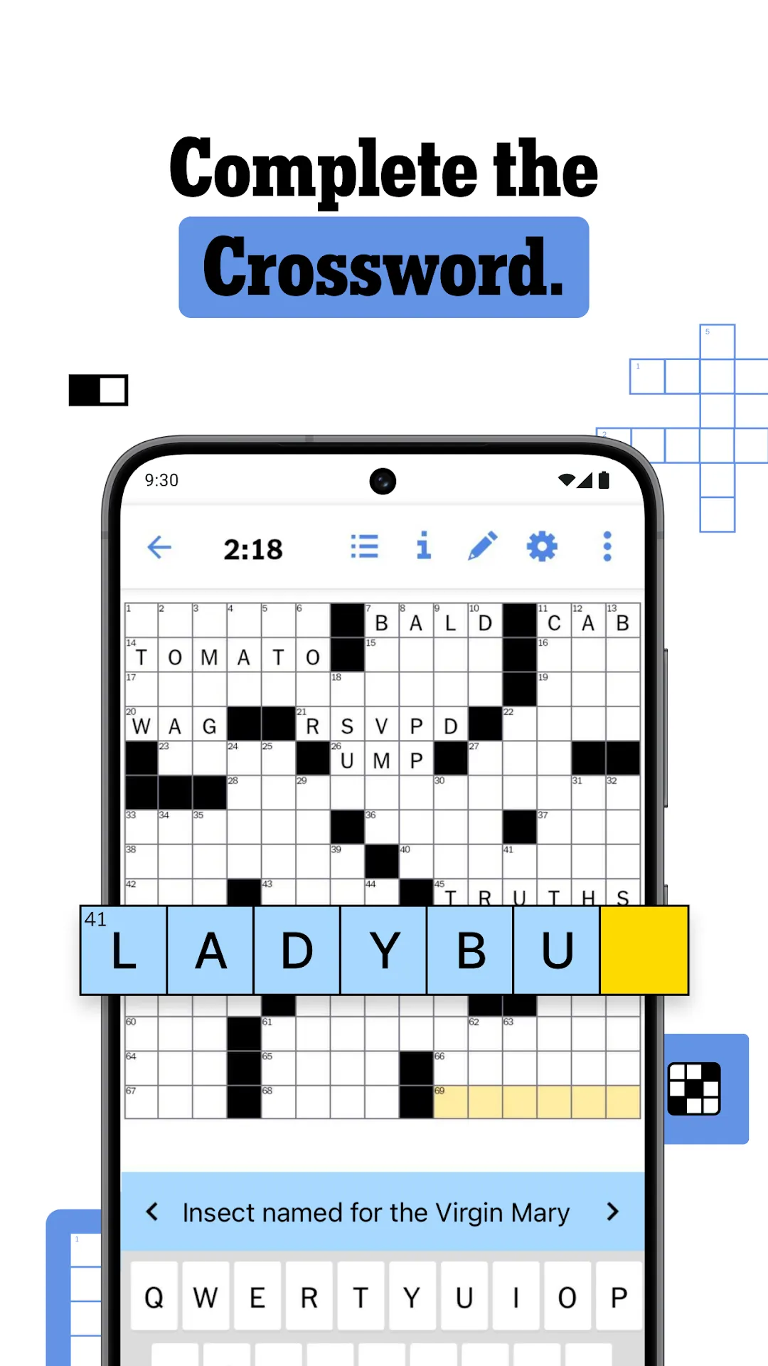 The Crossword in play on a phone: part of the grid with the clue Insect named for the Virgin Mary, the entry LADYBU enlarged and the keyboard below