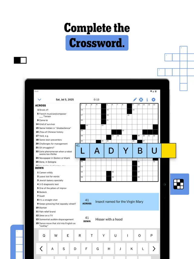 The Crossword in play on a tablet: the Saturday 5 July 2025 15x15 grid with Across and Down clue lists, a timer, and the entry LADYBU shown enlarged over the grid