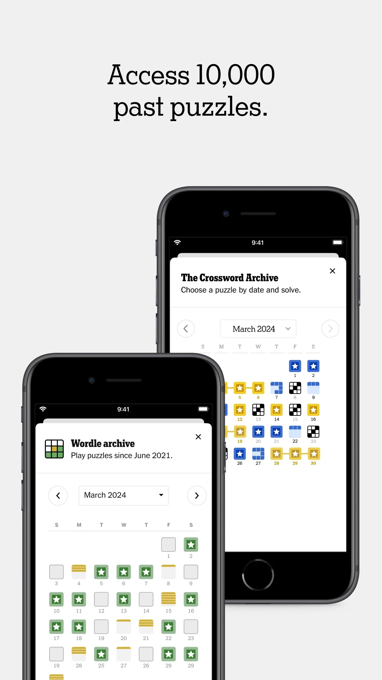 The Crossword archive calendar in the NYT Games app