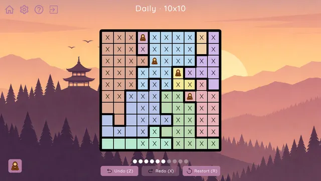 The Quiet Order, a Daily 10x10 board: coloured regions with five monks placed and many cells marked X, in front of a pagoda and mountains at sunset