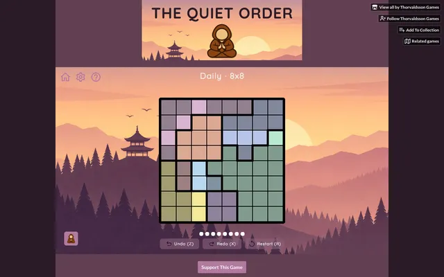 The Quiet Order demo on itch.io, today's Daily 8x8 board of coloured regions, empty, with Undo, Redo and Restart below and a pagoda at sunset behind