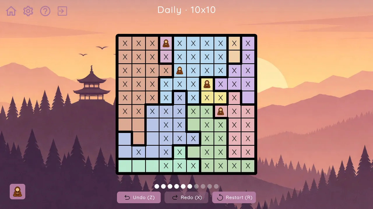 The Quiet Order on Steam, a Daily 10x10 board in play: five monks placed in coloured regions and most other cells marked X