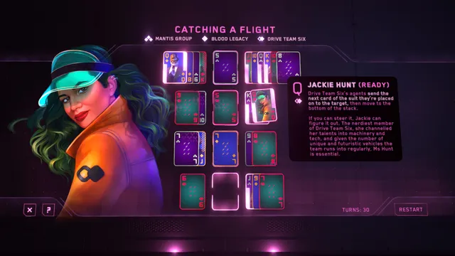 The Solitaire Conspiracy screenshot of a tactical solitaire layout with spy crew cards