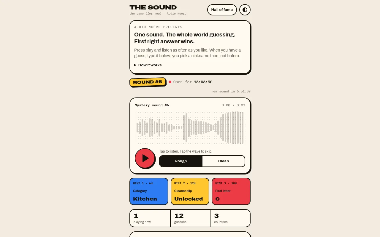 The Sound, round 6: the mystery sound's waveform with a play button and Rough or Clean switch, and three hints, Category Kitchen, Cleaner clip Unlocked, First letter C