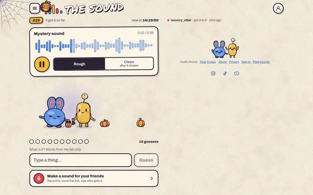 The Sound #28 on 29 October 2026: the mystery sound's waveform playing, Rough and Clean switch, ten empty guess dots and the hosts Earl and Pop in Halloween dress
