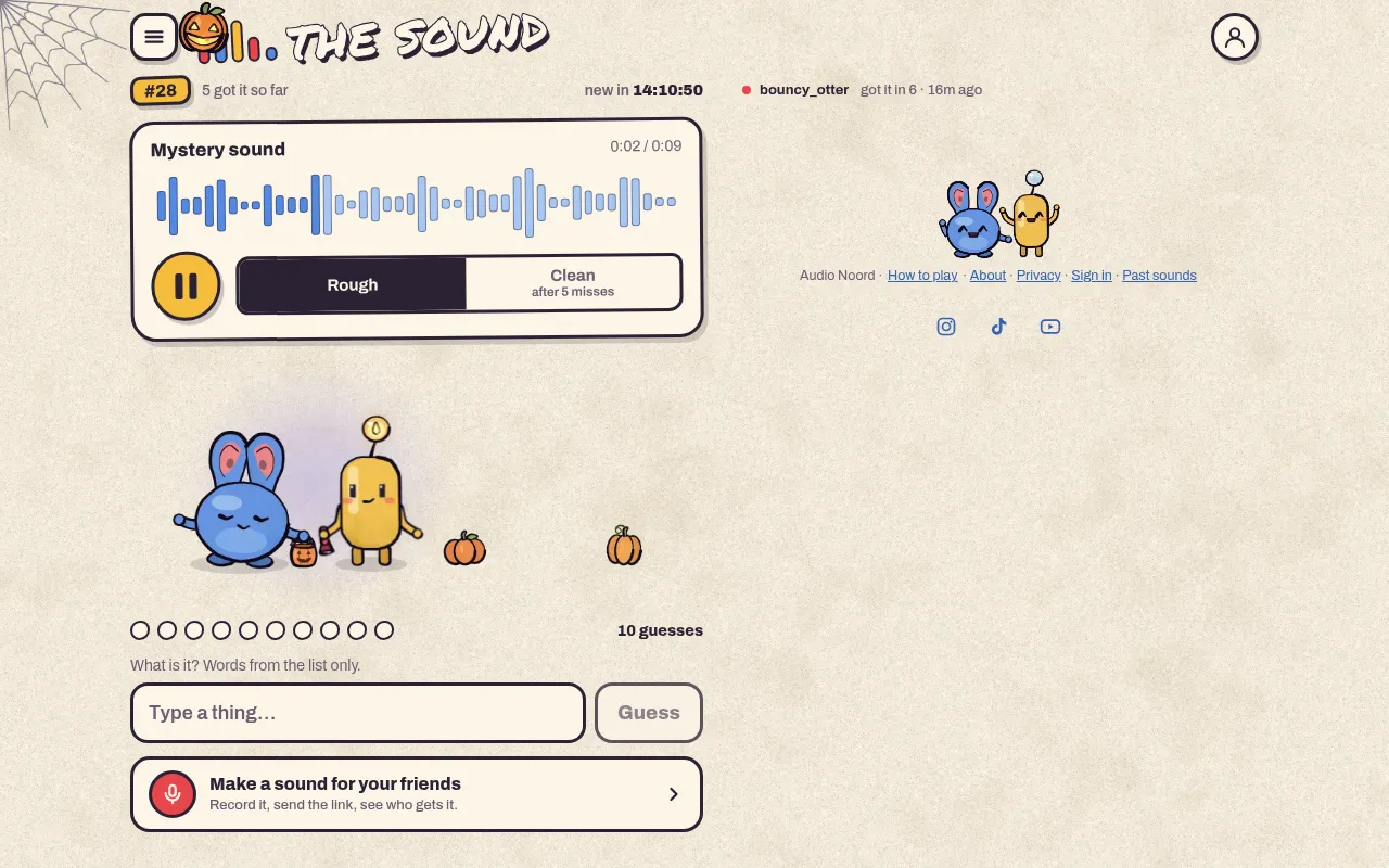 The Sound #28 on 29 October 2026: the mystery sound's waveform playing, Rough and Clean switch, ten empty guess dots and the hosts Earl and Pop in Halloween dress