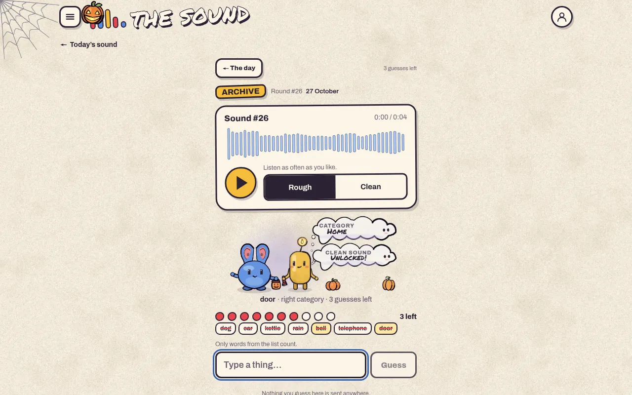 An archive round of The Sound, #26, after seven misses: struck-out guesses, Pop's clouds showing Category Home and Clean sound unlocked