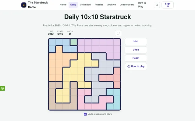 The Starstruck Game's Daily 10x10 Starstruck for 2026-10-06 (UTC): an empty grid of pastel regions with thick outlines beside the Hint, Undo, Reset and How to play buttons