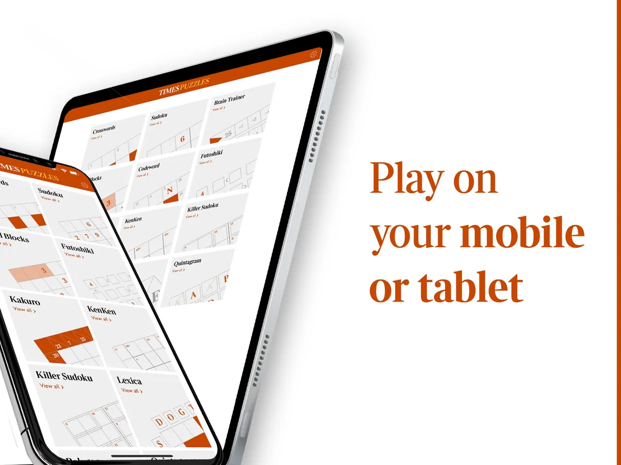 The Times Puzzles app on a phone and tablet, with the Cell Blocks tile among the puzzle tiles