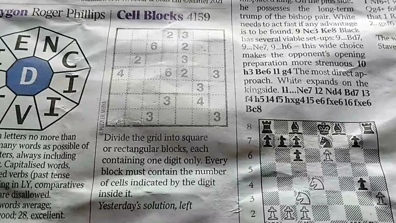 The Times Cell Blocks No 4159 in the printed paper: a grid of dotted cells with scattered digits and the rules printed beneath