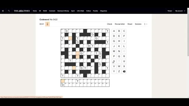 The Times Codeword No 5422 in play: a numbered crossword grid with a few O and T letters filled in, the letter key strip of 26 numbered boxes below, and an A to Z keyboard on the right