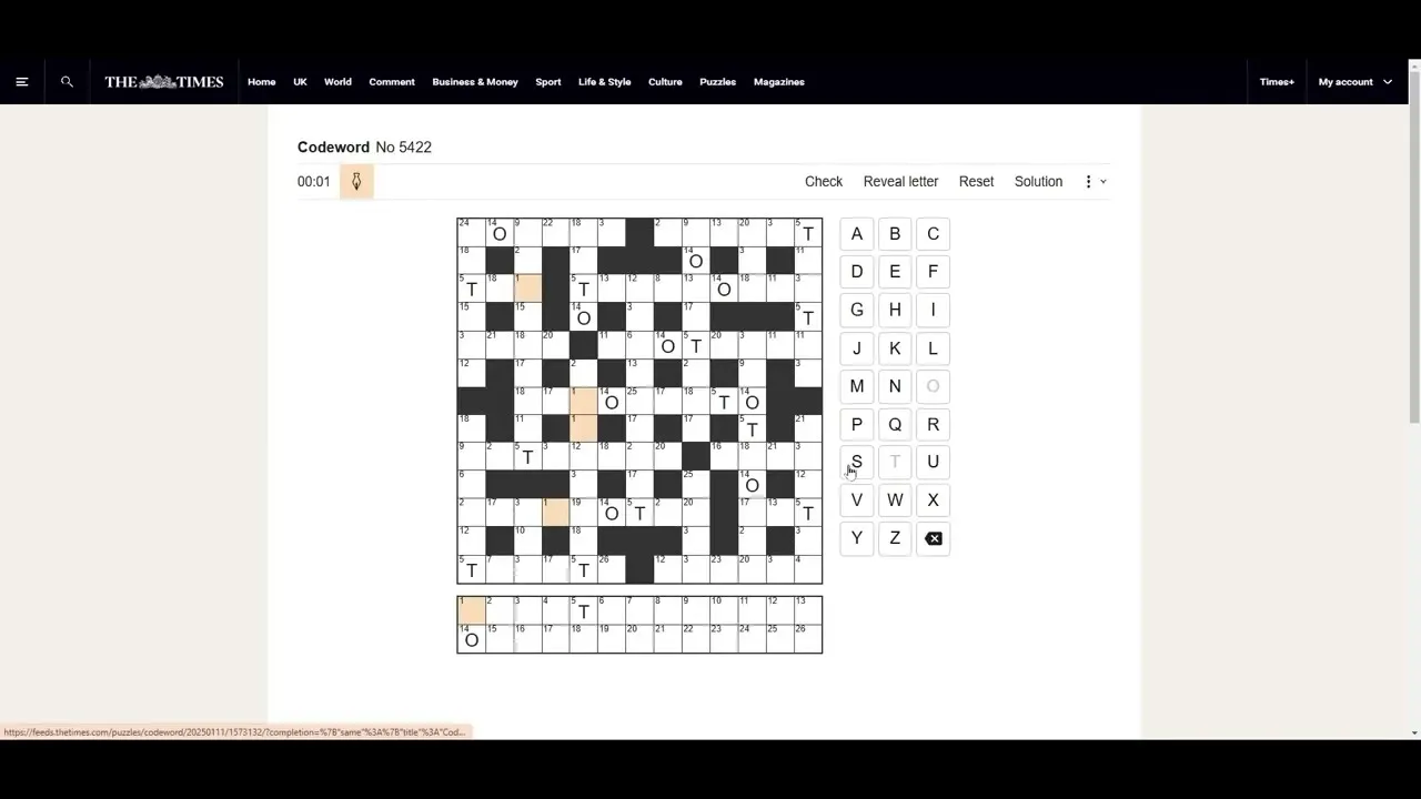 The Times Codeword No 5422 in play on the web: a numbered grid with a few letters filled in, the 26-box letter key below and an A to Z keyboard beside it