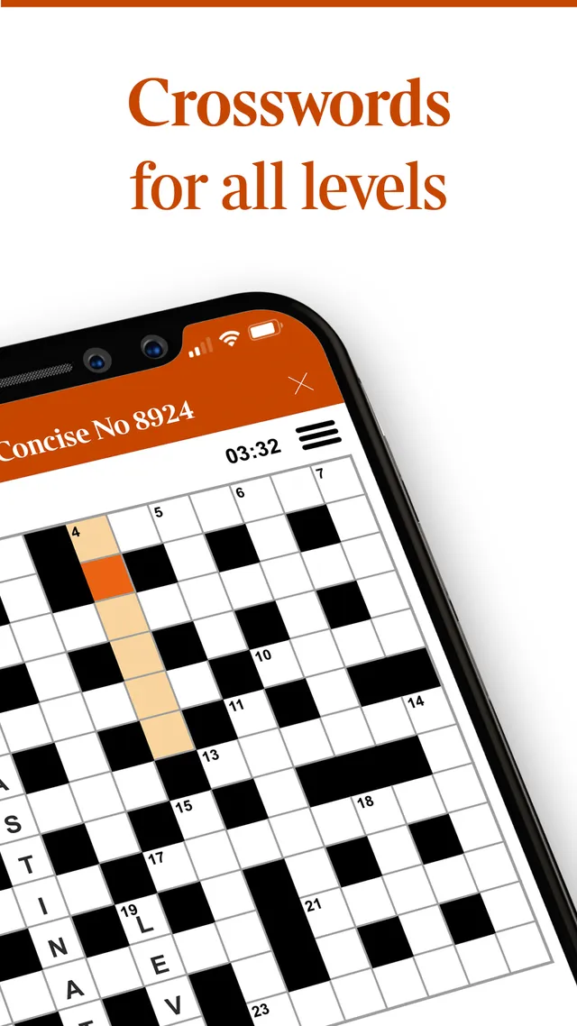 Times Puzzles app store picture headed Crosswords for all levels: a phone showing The Times Concise No 8924 grid with a timer at 03:32 and one answer highlighted in orange