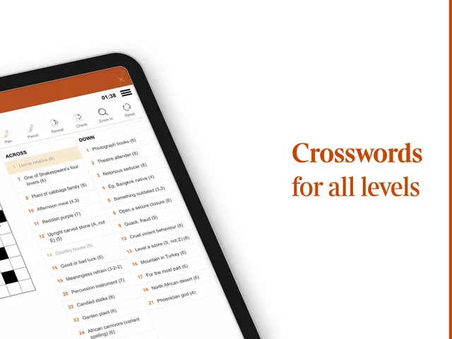 The Times crossword solving screen on an iPad, with cryptic clues and the Pen, Pencil, Reveal, Check and Reset buttons