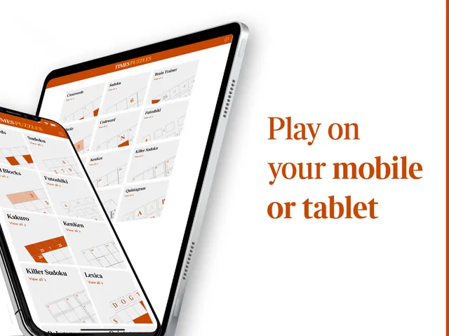 The Times Puzzles app on a phone and tablet, with tiles for KenKen, Killer Sudoku, Kakuro and the other puzzles