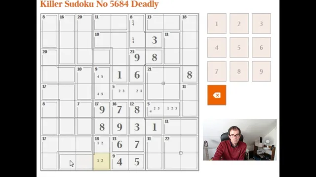 Times Killer Sudoku No 5684 Deadly part solved on The Times web player in 2017, dotted cages with their totals and a 1 to 9 keypad, from a solver's YouTube video