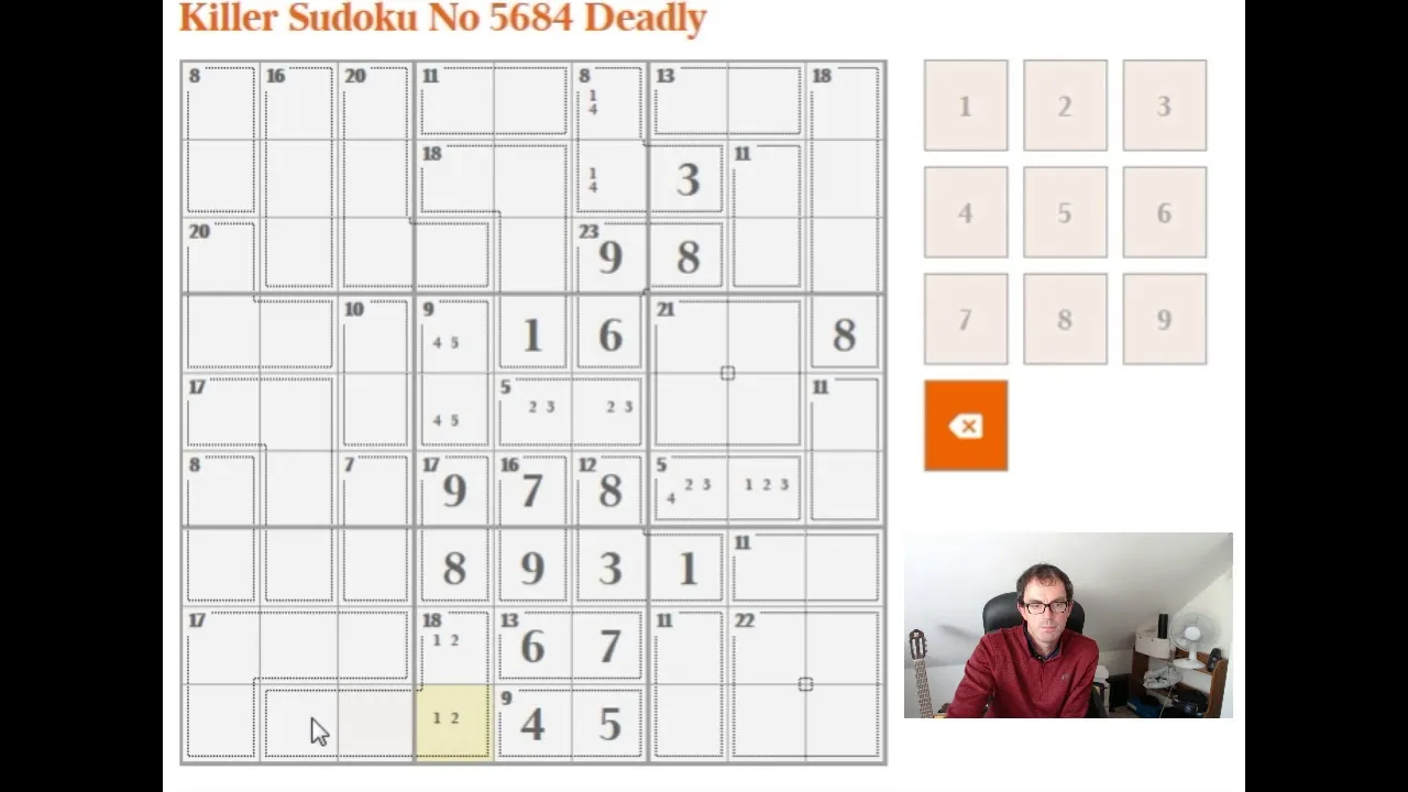 Times Killer Sudoku No 5684 Deadly part solved on The Times web player in 2017, dotted cages with their totals and a 1 to 9 keypad, from a solver's YouTube video