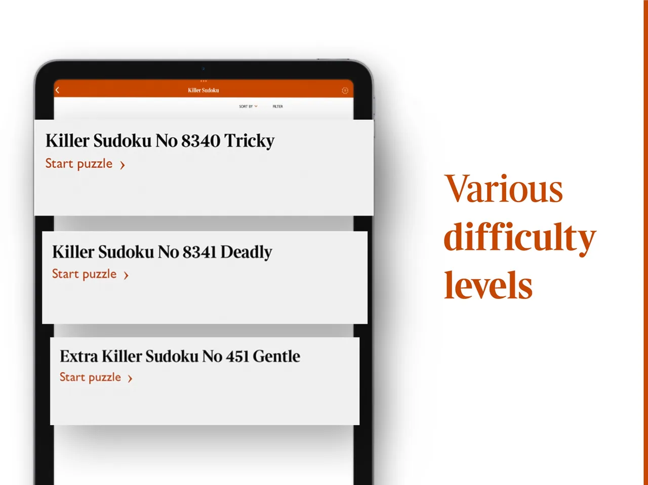 The Killer Sudoku list in the Times Puzzles app: Killer Sudoku No 8340 Tricky, No 8341 Deadly and Extra Killer Sudoku No 451 Gentle, each with Start puzzle