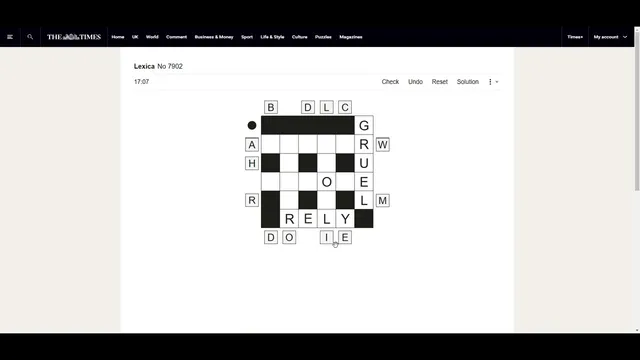 The Times Lexica No 7902 on the web, part solved: a 6x6 grid with GRUEL down the right and RELY along the bottom, loose letters waiting around its edges