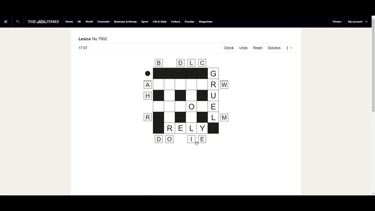 The Times Lexica No 7902 on the web, part solved: a 6x6 grid with GRUEL down the right and RELY along the bottom, loose letters waiting around its edges