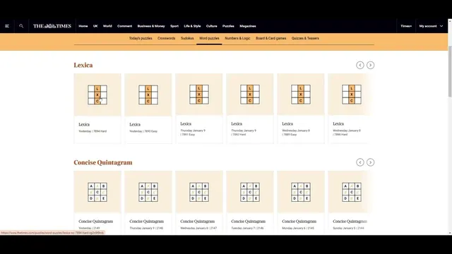 The Times word puzzles page with a row of numbered Lexica puzzles, easy and hard, under their dates