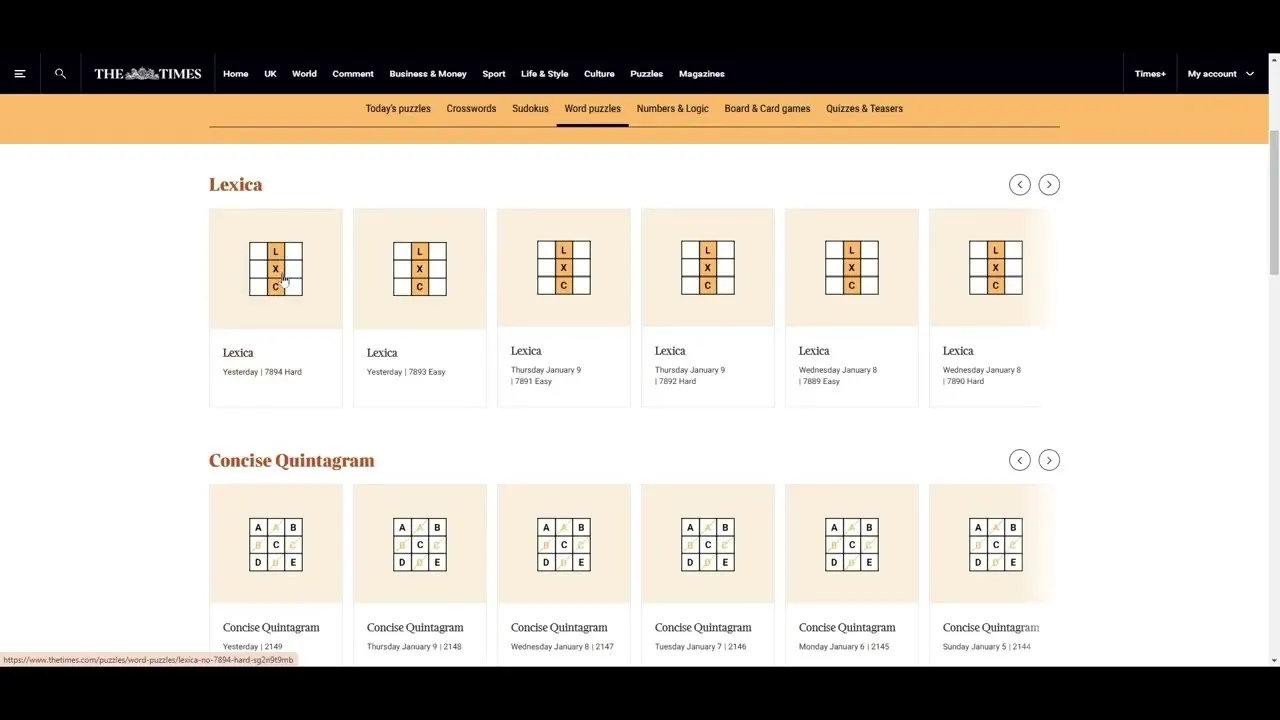 The Times word puzzles page with a row of numbered Lexica puzzles, easy and hard, under their dates