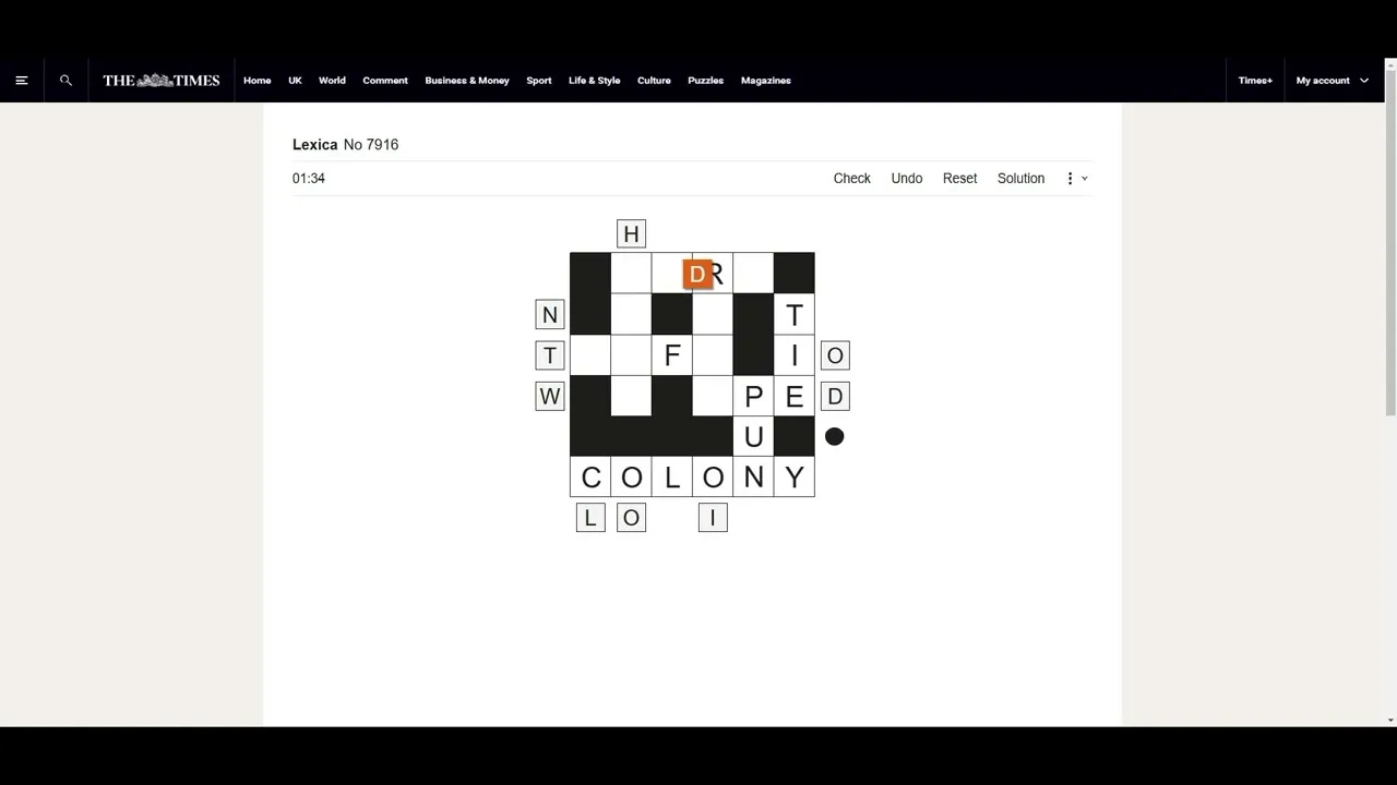 The Times Lexica No 7916 in play: COLONY along the bottom of the grid and an orange D being slid into the top row, with Check, Undo, Reset and Solution above