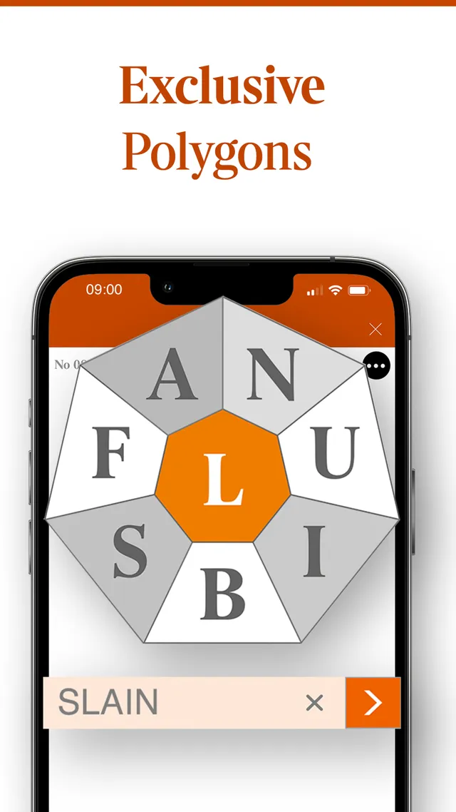 The Times Polygon board in the Times Puzzles app: seven letters around an orange centre L, with the word SLAIN typed in the entry bar below
