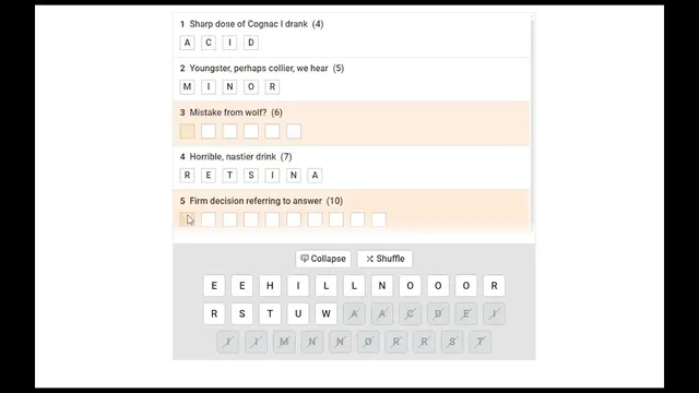 The Times Cryptic Quintagram 2485 on the web: five clues with answer boxes, three solved, above the shared pool of letters with used ones crossed out