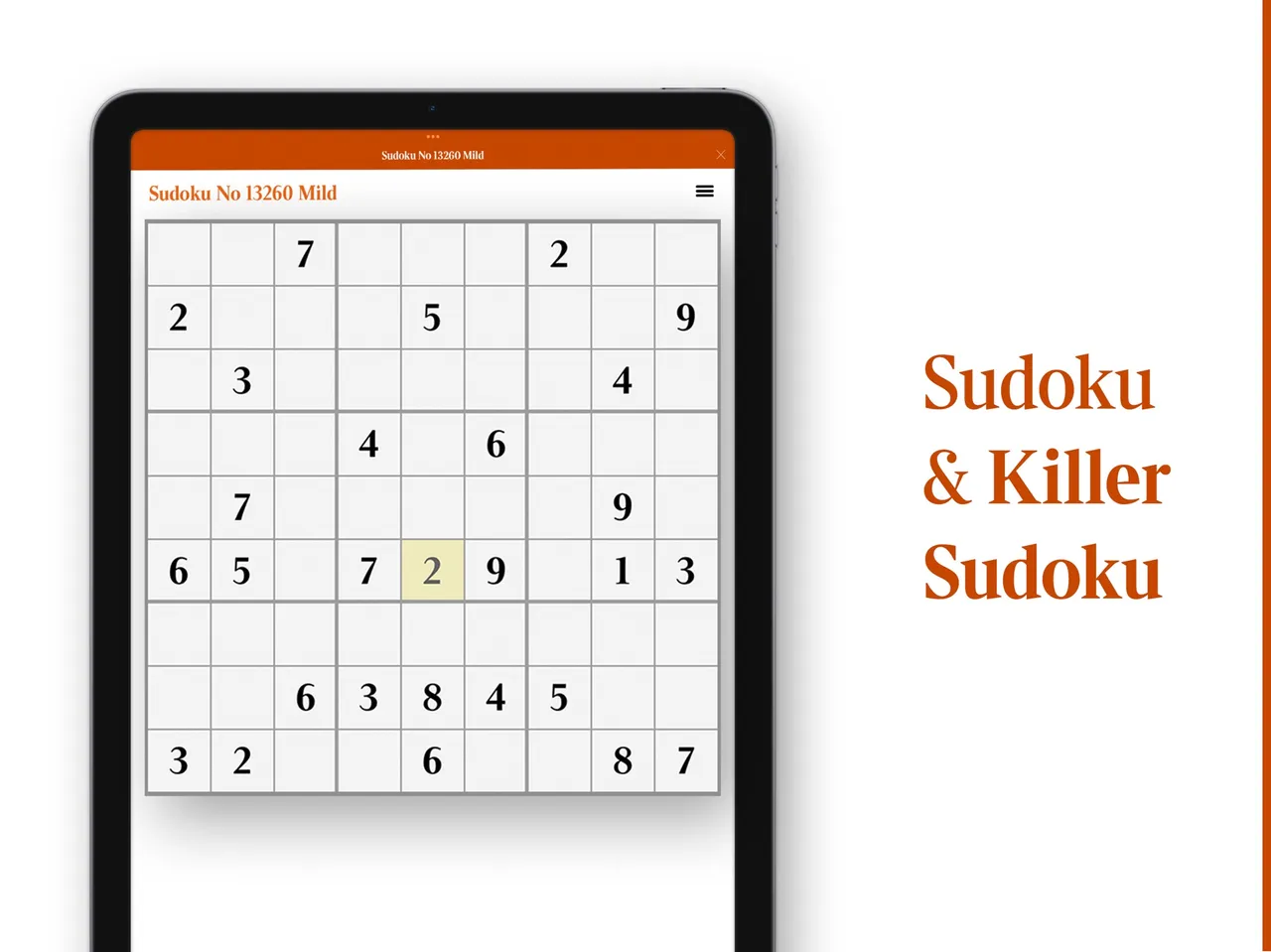 A Times sudoku, No 13260 Mild, a nine by nine grid in the Times Puzzles app on a tablet