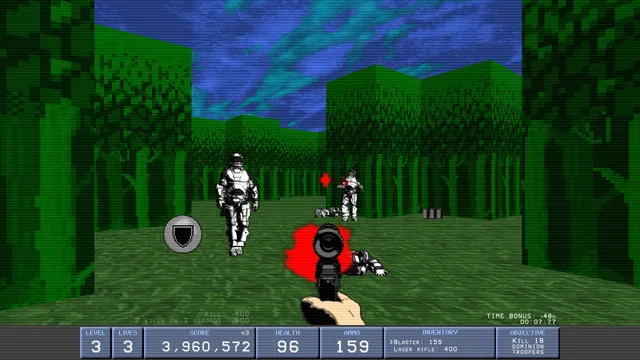 The Tome of All Tales: first-person view in a blocky green forest shooting armoured troopers, with the level, lives, score, health, ammo and objective bar at the bottom