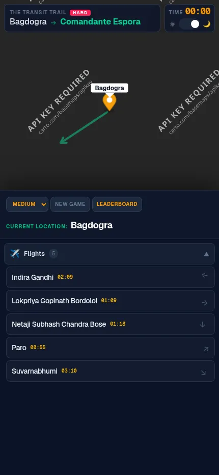 The Transit Trail at phone size: today's Bagdogra to Comandante Espora trip with the map above and the list of five flights from Bagdogra below