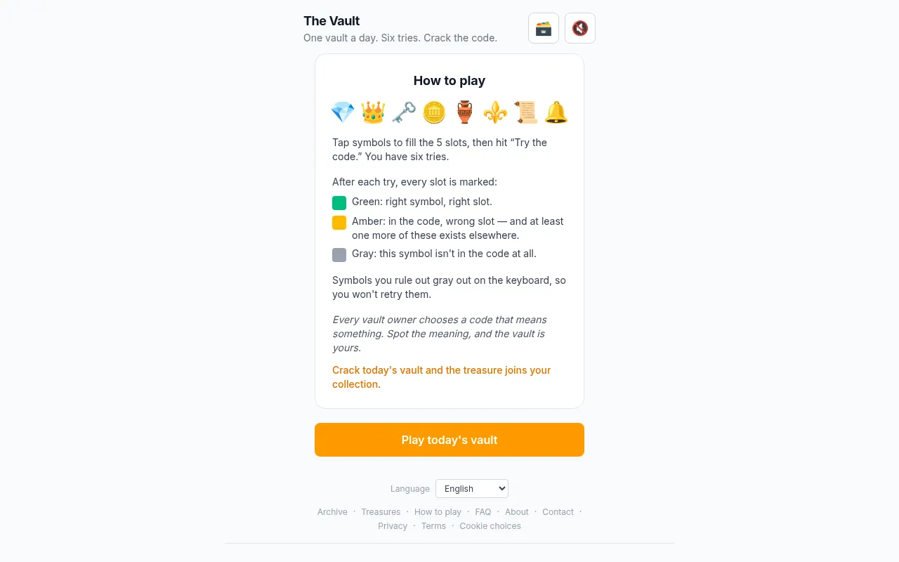 The Vault's how-to-play card explaining green, amber and gray feedback, with a row of treasure symbols