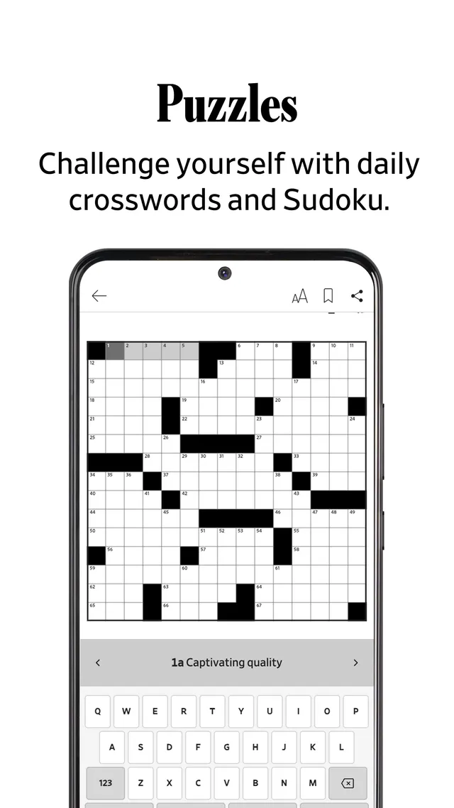 The Wall Street Journal Crossword in the WSJ app's Puzzles section: a full crossword grid with clue 1-Across highlighted above the keyboard (official Google Play screenshot)