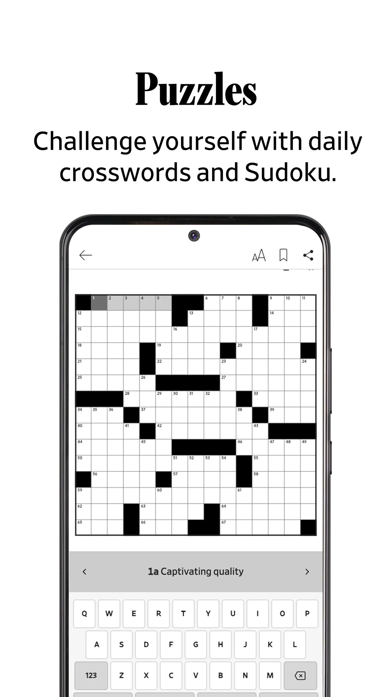 The Wall Street Journal Crossword in the WSJ app's Puzzles section: a full crossword grid with clue 1-Across highlighted above the keyboard (official Google Play screenshot)