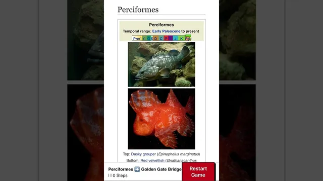 A Wiki Game Daily race in progress on the Perciformes article, with the target Golden Gate Bridge and a step counter at the bottom