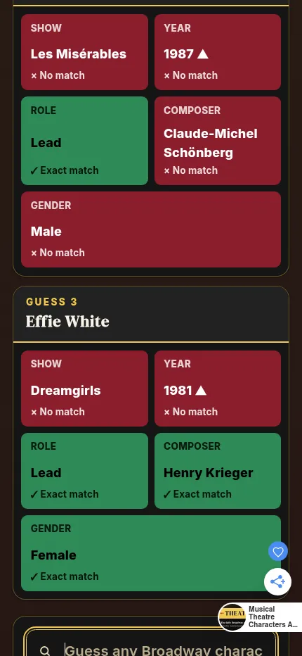 THEATERLE Character Guesser at phone size, where each guess becomes a card of clue tiles marked exact match or no match
