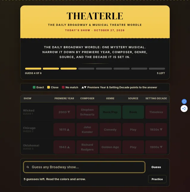 THEATERLE Show Guesser on 27 October 2026 after three guesses (Wicked, Chicago, Oklahoma!), each scored on premiere year, composer, genre, source and setting decade with arrows