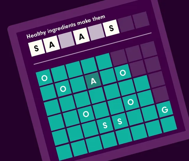 Thematik press art: the clue Healthy ingredients make them over a grid of letter tiles, with SALADS partly revealed