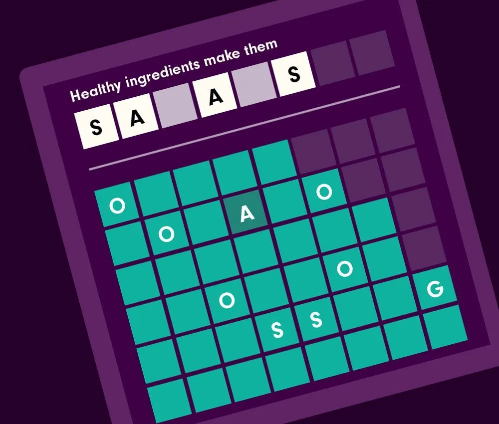 Thematik press art: the clue Healthy ingredients make them over a grid of letter tiles, with SALADS partly revealed
