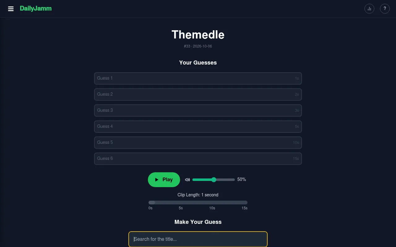 Themedle's game screen: six empty guess rows marked 1s to 15s, a green Play button, the clip length bar and the title search box