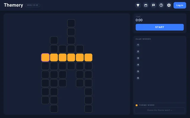 Themery puzzle for 2026-10-03 before start: a six-letter orange theme row crossing six vertical words of different lengths, a 0:00 timer with a Start button, a panel for clue words 1 to 6 and a box to
