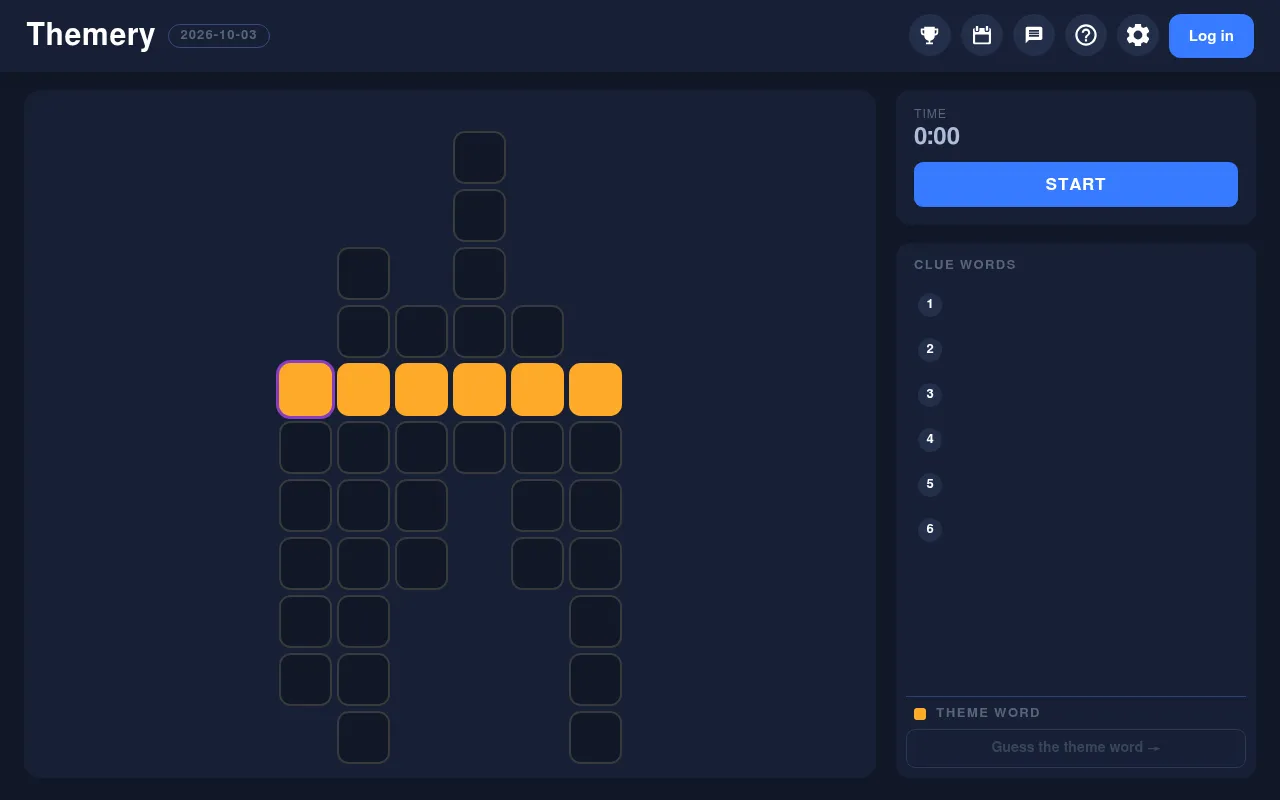 Themery puzzle for 2026-10-03 before start: a six-letter orange theme row crossing six vertical words of different lengths, a 0:00 timer with a Start button, a panel for clue words 1 to 6 and a box to