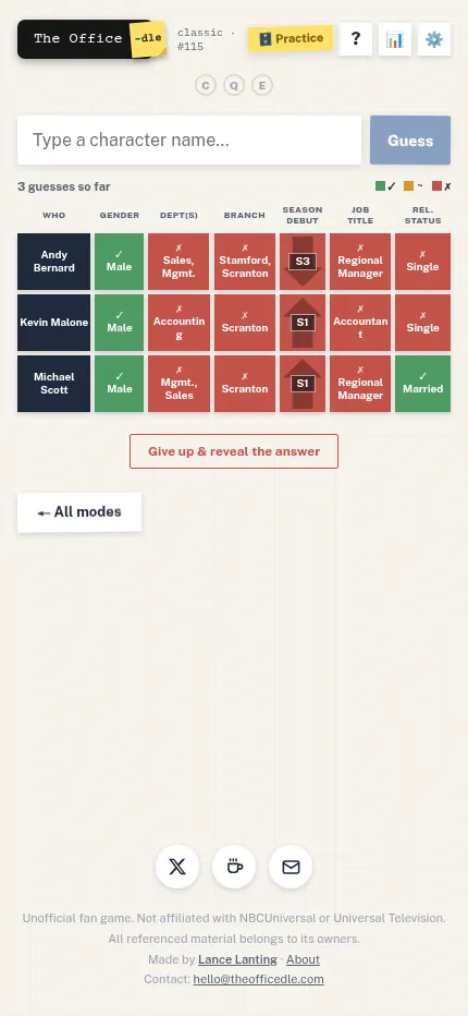 TheOfficedle Classic puzzle #115 on a phone: three guesses in a seven-column clue table under the name box and Guess button