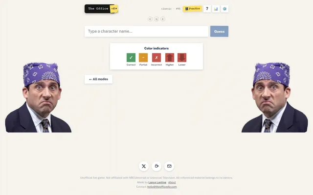 TheOfficedle Classic mode, puzzle #95: a character name box with a Guess button and the colour key for correct, partial, incorrect, higher and lower