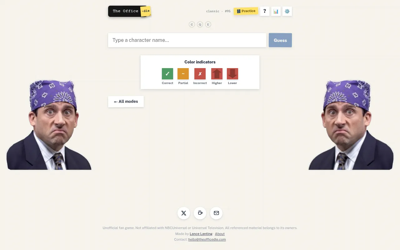 TheOfficedle Classic mode, puzzle #95: a character name box with a Guess button and the colour key for correct, partial, incorrect, higher and lower