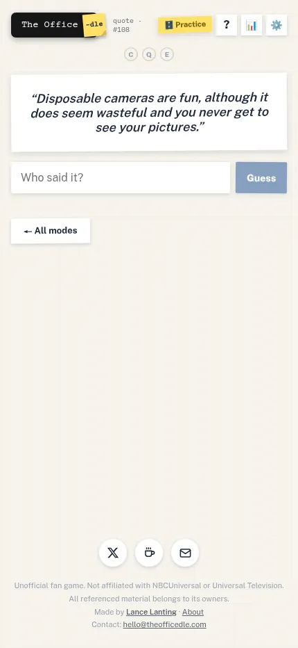 TheOfficedle Quote mode on a phone, puzzle #108: a line from the show in a card above a Who said it? box and a Guess button